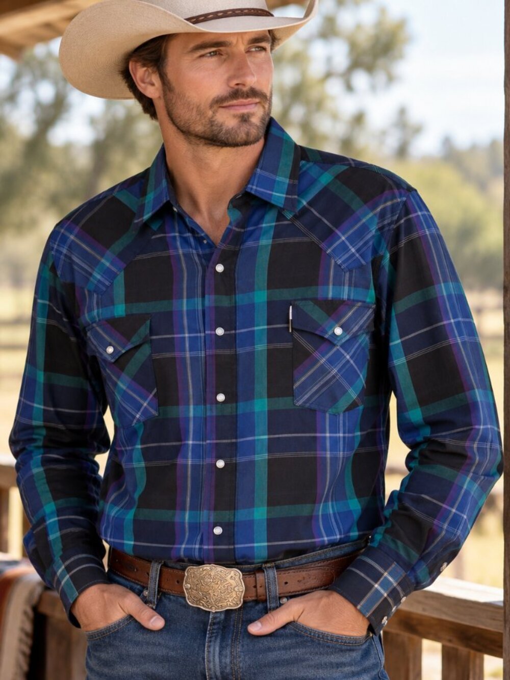Vintage Ely Cattleman Tall Man Western Shirt Pearl Snap Plaid Cowboy 24” P2P